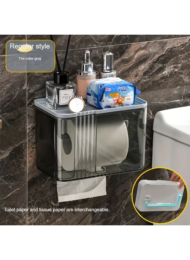Grey Wall Mounted Tissue Box Holder Waterproof Plastic Toilet Paper Dispenser With Storage Shelf No Drill Installation - Image 5